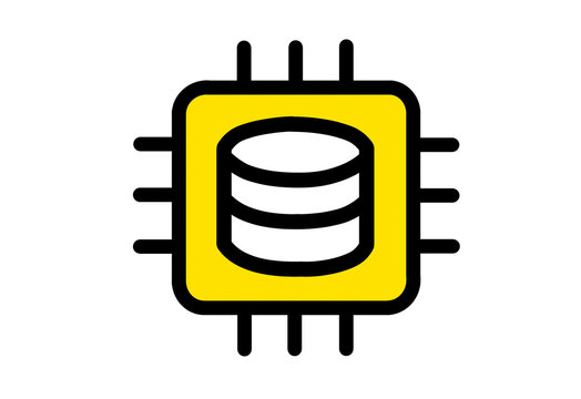 Yellow chip icon with a database stack for data processing