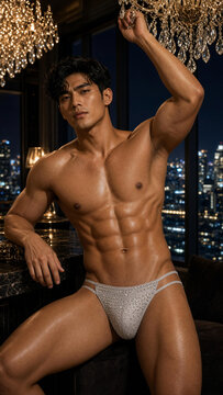 Muscular Asian man in silver glitter swimwear posing in luxury penthouse with city skyline at night