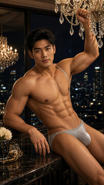 Muscular Asian man in silver glitter swimwear posing in luxury penthouse with city skyline at night
