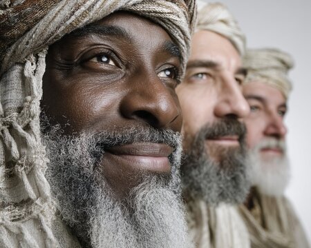 Close-up of Three Wise Men in turbans looking upward