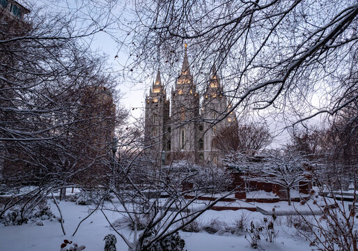 Salt Lake City, United States - 11 February 2019: View of the Salt Lake Utah Temple framed by snow-covered tree branches in a winter landscape.
