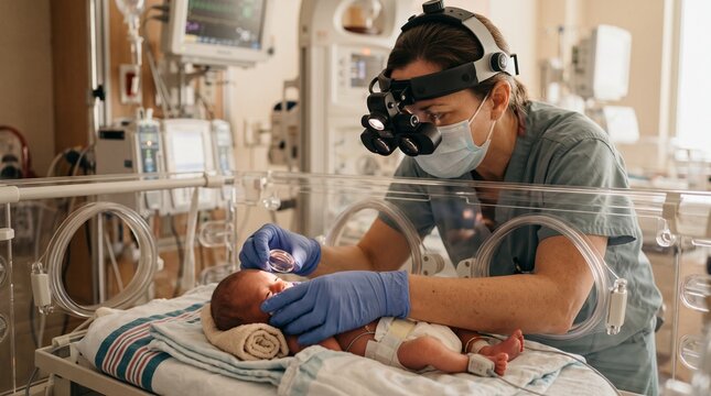 Pediatric specialist examining newborn baby in neonatal intensive care unit with medical equipment