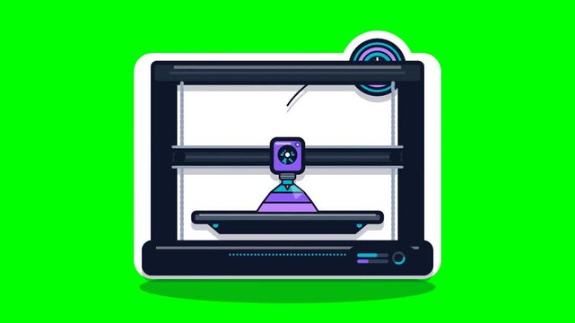 3D printer machine operating with purple plastic filament building object sticker vector illustration