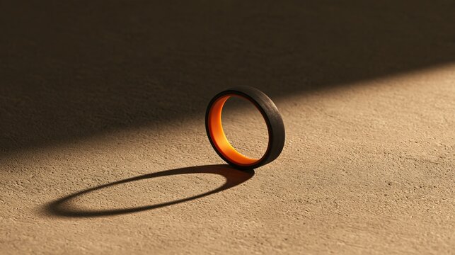 A pale concrete minimal Halloween background uses a single charcoal ring standing upright near the lower-left corner, with an orange glow passing through its center