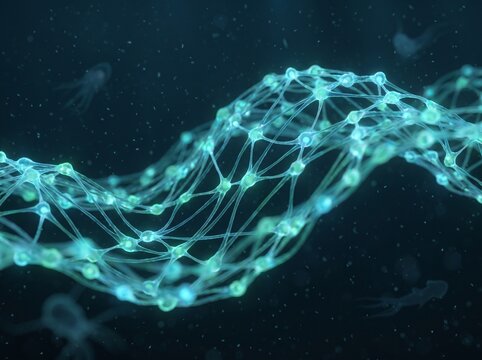 Interconnected neural network structure glows with teal illumination in dark depths