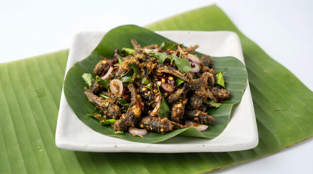 Thai mok huak (fried tadpoles dish) on banana leaf on square white platter. Exotic food, frog based dish, Southeast Asian dish, tropical cuisine assets 