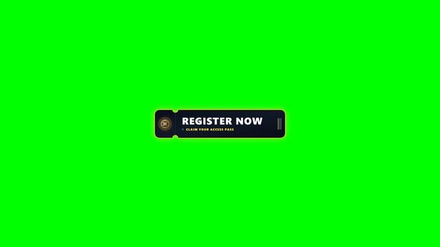 Register now animated call to action overlay with modern ticket stub on clean green screen. Features kinetic golden web globe, perforation notch, and bold typography for video creators.