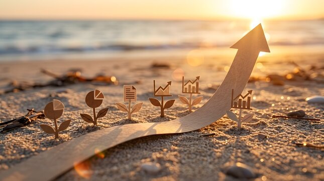 Cardboard arrow pointing upwards with miniature paper plants displaying various financial charts standing in the sandy beach under warm morning sunlight representing sustainable business growth and ec