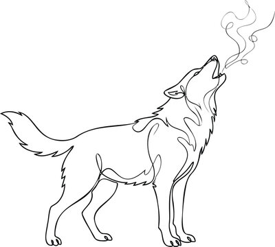 Minimalist continuous line of a howling wolf, black outline on a white background, wild animal simple style