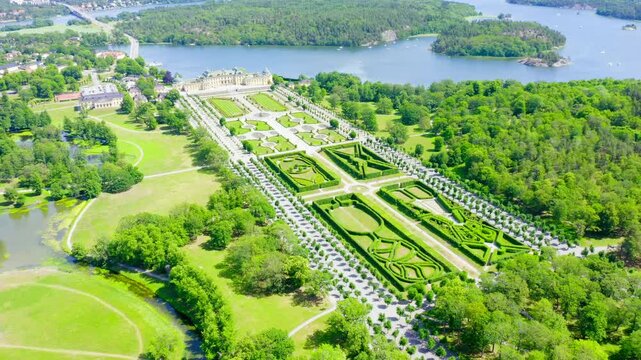 Stockholm, Sweden. Drottningholm. Drottningholms Slott. Well-preserved royal residence with a Chinese pavilion, theater and gardens. Drone footage, Departure of the camera