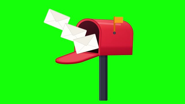 A classic red mailbox opens and releases floating paper envelopes in a smooth 4K flat design animation.