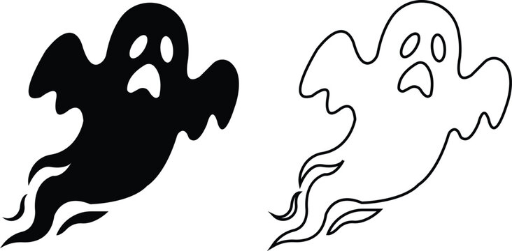 Halloween ghost phantom spirit horror icon set collection in black flat and line style editable creepy spooky elements group isolated on transparent background for holiday design vector symbol