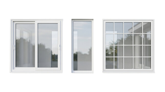 Modern white window frame collection isolated on white background, plastic sliding glass windows, architectural residential house construction elements