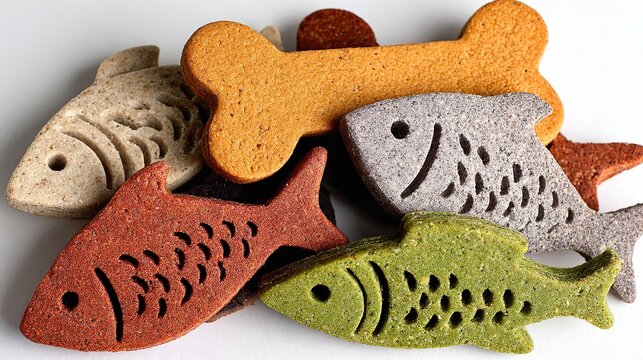 Dog treat asset with bone fish and cube shapes in multi colors on solid white background, circular pile, for pet advertising posters social media and training reward design commercial use.