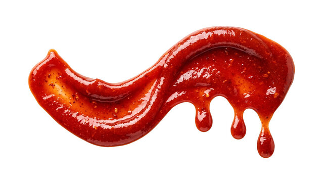 Red tomato ketchup sauce splash isolated on white background, fresh spicy chili puree smear with liquid drips, gourmet food ingredient texture