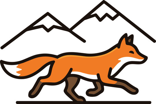 Running fox silhouette against mountain peaks, cartoon style illustration