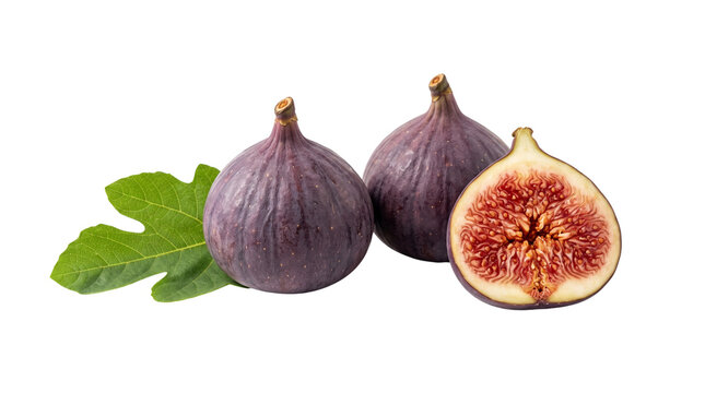 Fresh ripe purple figs with half sliced fruit and green leaf isolated element cutout clipart transparent PNG