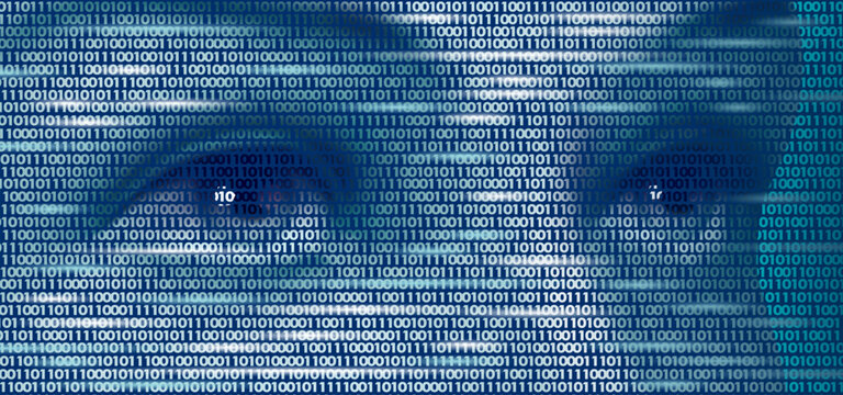 Glowing binary code data stream with horizontal lens flares. Futuristic AI internet teleportation portal style. Fashion clothing patches stickers print. Dark blue background vector art.
