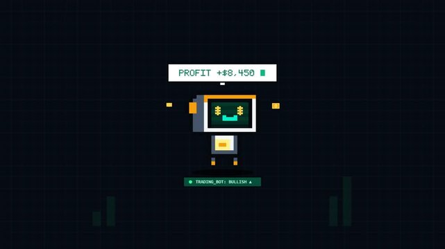 Cute 8-bit retro computer robot character with dollar sign eyes and rising stock chart speech bubble. Seamless loop motion graphics for fintech and trading.