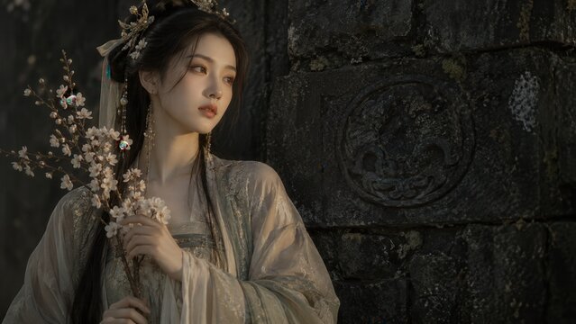 Elegant young woman in traditional Asian dress holding spring blossoms beside an ancient stone wall