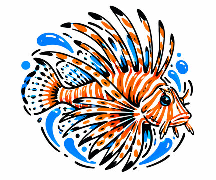 Vibrant stylized lionfish illustration showcasing its distinctive striped body and elaborate fins in a dynamic artistic style.