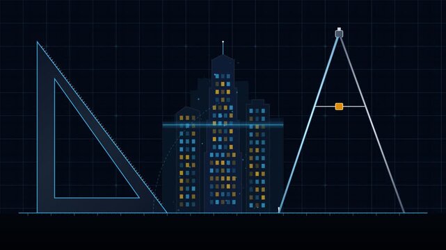 Premium corporate architectural motion graphics featuring drafting set square triangle and compass framing modern metropolis skyline in negative space blueprint. Seamless 4K 8s loop.