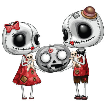 Cute Voodoo Doll Couple Kissing Halloween Jack o' Lantern Pumpkin Cartoon Vector Editable EPS
