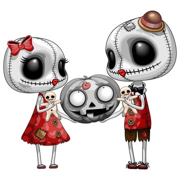 Cute Voodoo Doll Couple Kissing Halloween Jack o' Lantern Pumpkin Spooky cute Cartoon illustration
