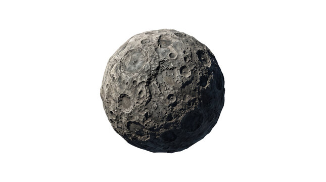 Full Moon Asteroid with Surface Craters Isolated Element, Realistic 3D Planet Celestial Rock Cutout on Transparent Background