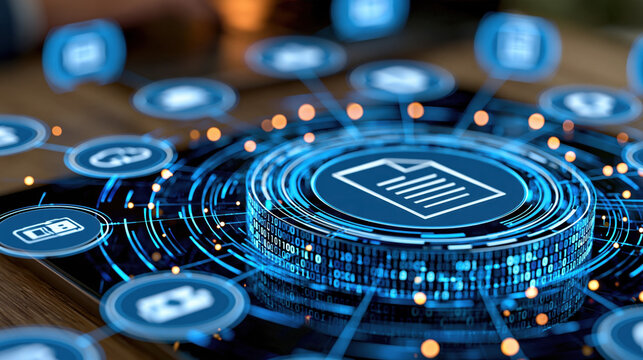 Digital document content management data storage cloud system network connection file sharing information flow enterprise software secure archive business technology document icon digital