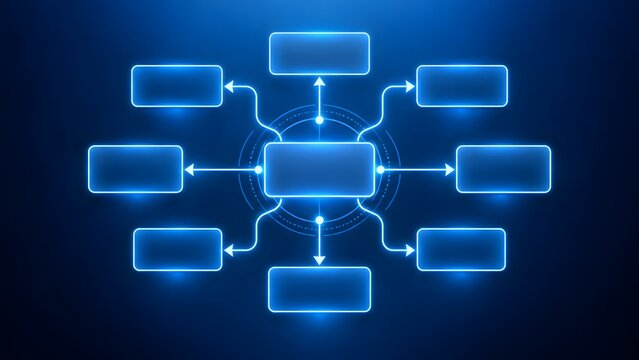 Centralized network diagram showcasing hub and spoke data connection with glowing blue mind map interface