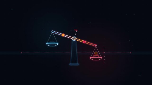 Minimalist corporate motion graphics featuring negative space tilted financial balance scale sinking below equilibrium baseline with deficit tilt inclinometer. Seamless 8s loop.
