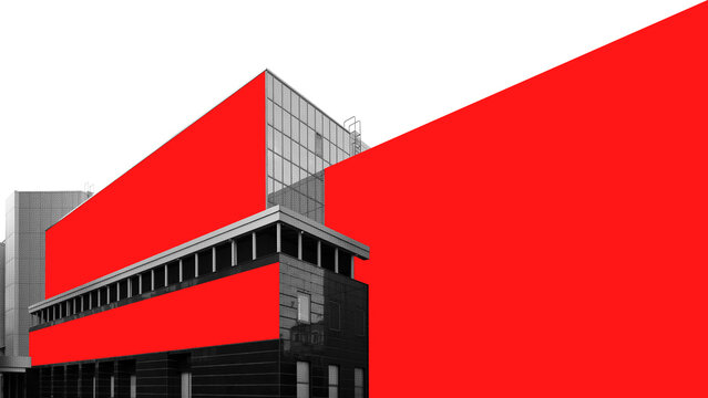 Monochrome modern building framed by bold red geometric planes on white background in collage. Architecture branding, commercial property, construction services concept.