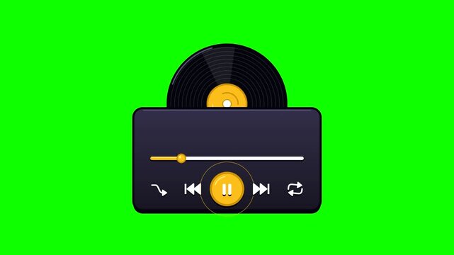 Minimalist animated music player interface with spinning vinyl record and playback controls on green screen