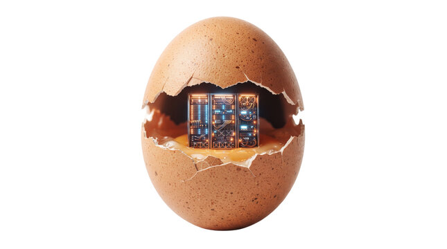 Server rack inside a cracked eggshell