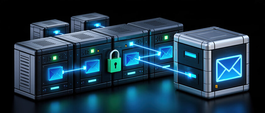 Secure email server storage concept with glowing network connection and lock protection in dark technology scene