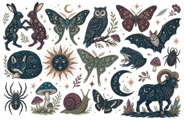 Fototapeta premium Vintage woodland animals and insects celestial illustration set