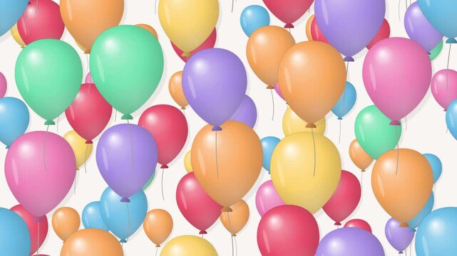 Colorful balloons floating upward with gently swaying strings in a vibrant seamless pattern animation. 