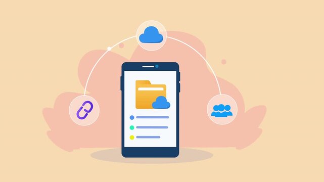 Flat vector animation showing a smartphone with a cloud document connected to link and team icons for mobile file sharing, cloud storage, and collaboration.