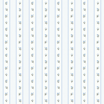 Delicate Light Blue Floral Seamless Pattern with Fine Stripe Grid for Vintage Baby Clothing, Wallpaper and Textile Design