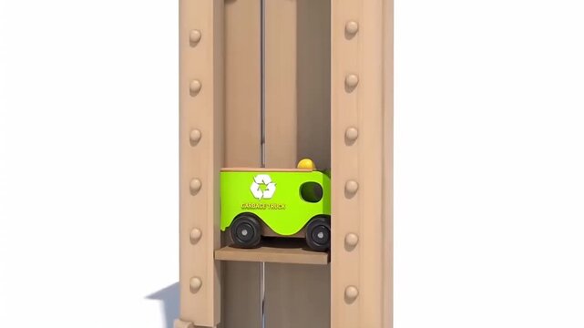 Colorful toy garbage truck on a wooden playset track, 3D animated children's vehicle concept