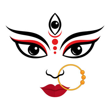 stylized goddess durga facial illustration with expressive eyes third eye red bindis golden nose ring and crimson lips for navratri festival design