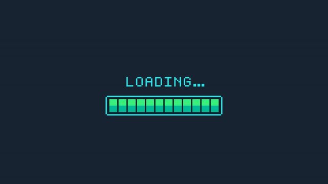 Vintage 8-bit arcade video game loading progress bar with chunky pixel font and segmented cyan bar. Seamless loop motion graphics for gaming streams and retro UI.