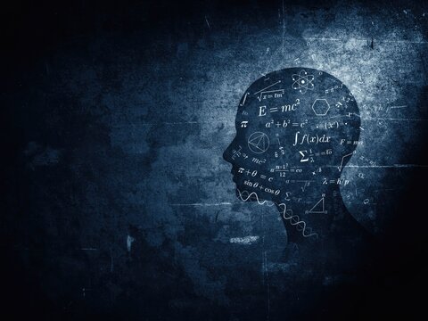 Silhouette of a human head filled with mathematical and physics equations on a dark grunge texture background