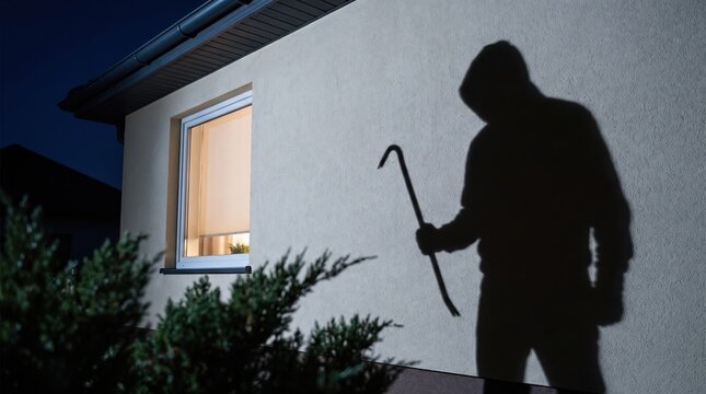 Silhouette of a person wearing a hooded sweatshirt holding a metal crowbar projects onto the beige wall of a home at night while a bright window