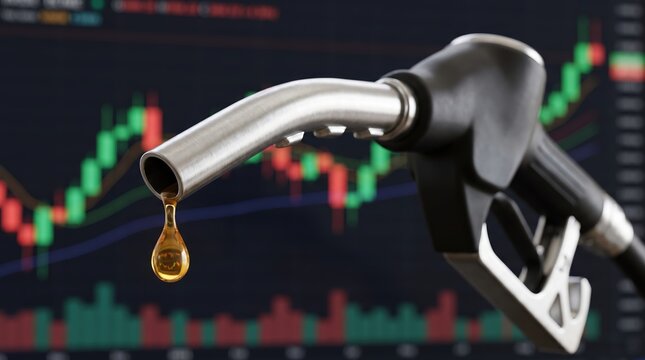 Single drop of oil falling from a fuel nozzle positioned in front of a digital screen displaying fluctuating financial market data and trading graphs
