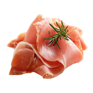 Prosciutto slices garnished with rosemary, Italian cured ham