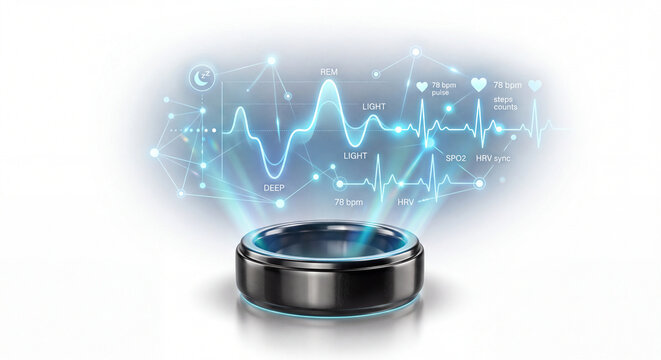 AI Smart Ring with Glowing Hologram Health Interface Isolated on White Background, Wearable Technology Concept