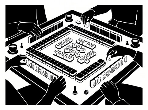 Black and white illustration of four people playing a game of mahjong