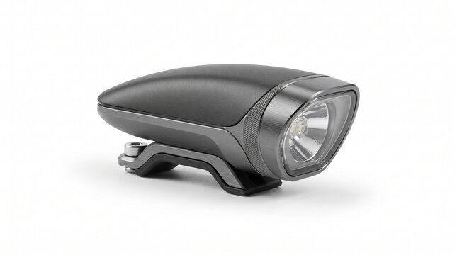 Modern bicycle headlight, sleek metallic bike light studio product shot, cycling safety accessory isolated on white background